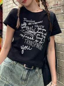 Summer New Short Sleeve T-Shirt For Petite Women, Crew Neck, Casual, Slim Fit, Flattering - Black - View 1