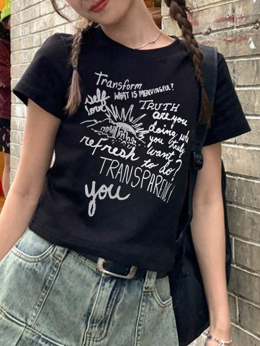 Summer New Short Sleeve T-Shirt For Petite Women, Crew Neck, Casual, Slim Fit, Flattering - Black - View 1