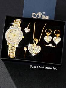 6 Piece Gorgeous, Elegant Women's Quartz Watch With Heart Jewelry Pendant Necklace, Earrings, Rings, Bracelet Set, Perfect Gift For Ladies, Diamond Alloy Strap, Classic Roman Scale Round Dial, Ideal Gift For Sisters And Mothers, Suitable For Daily Wear, Back-To-School Season, Graduation Season, Thanksgiving, Couples, The Best Gifts Watch Box Not Included