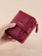 Nueva cartera mini de mujer de unicolor con textura de litchi, estilo coreano con cierre a presión, monedero multifuncional de moda y de alta gama para mujeres