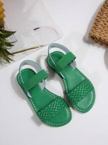 1 Pair Infant/Toddler Girls' Woven Roman Sandals, Round Toe, Thick Elastic Strap Design, Flat & Comfy, Suitable For 3-12 Yrs Old, Casual Beach/Holiday/Outdoor Wear In Summer - Green - View 2