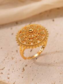 Herseygold 1pc Gold-Plated Copper Adjustable Size Ring With Floral & Crescent Moon Design, Fashion Jewelry For Women, Wedding & Festival