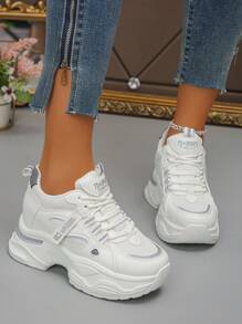 8cm High-Top White Mesh Breathable Sneakers, Thick Sole Hidden Wedge Heel Casual Sport Shoes For Women, New Model 2025 - White - View 4