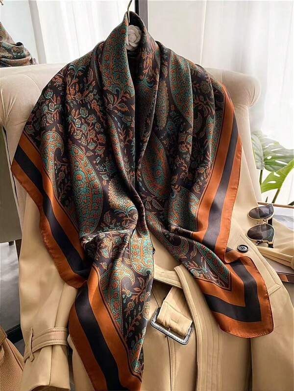 1pc Women Satin Smooth Cashew Pattern Printed Large Square Scarf, Suitable For Celebrations, Outings And Daily Wear