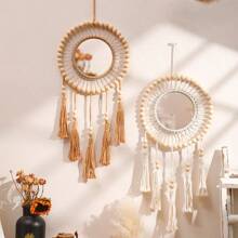 1pc Exquisite Bohemian Round Hanging Wall Mirror With Macrame Fringe - Adds Boho Chic Touch To Bedroom, Living Room - Aesthetic Glass Home Decor For Modern Space