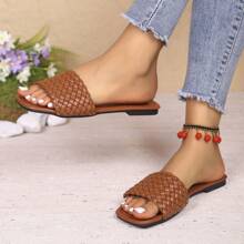 Women Minimalist Casual Woven Open Toe Slide Sandals, Beach Slippers - Brown - View 1