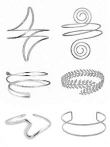 Conjunto de 6 piezas de brazaletes metálicos únicos con diseños exagerados de hojas, espirales y geométricos