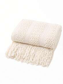 1pc Solid Color Bedspread, American Style Tasseled Acrylic Rectangular Blanket, Knitted Throw Blanket For Office Nap, Sofa Cover - Beige - View 5