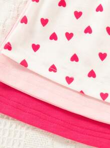 3pcs/Set Baby Girls Valentine's Day Flutter Sleeve Heart Print + Solid Color Casual Dress Set - Màu Hồng Tươi - Xem 5