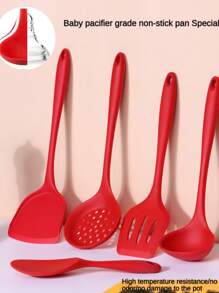 Juego de 5 piezas de utensilios de cocina de silicona resistente - Espátula, cuchara ranurada y cazo para sartenes antiadherentes | Resistentes al calor, herramientas de cocina con mangos ergonómicos (freír, hornear, acampar)