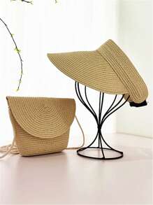 1 set Cappello di paglia a tesa larga beige bohémien estivo e borsa a tracolla in paglia per donna, cappello da sole fashion casual pieghevole per viaggi, spiaggia e attività all'aperto - Multicolore - Visualizzare 10