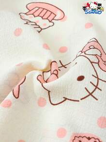 2 件/套授权 Sanrio Hello Kitty 印花翻领短袖纽扣口袋上衣和蝴蝶结短裤睡衣家居服套装，适合家居使用，春夏