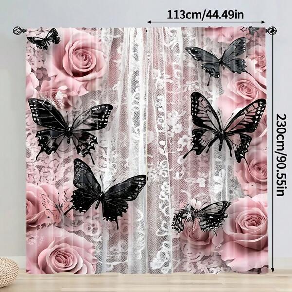 2 piezas de cortinas con patrón de mariposa negra y peonía, cortinas de impresión digital con ojales para varilla, material de poliéster, adecuado para sala de estar, cocina, dormitorio, estudio, comedor, decoración del hogar