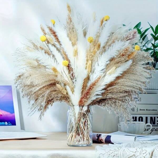 62/87 Pcs Bohemian Style Family Themed Decorative Gift Set - Natural Dried Pampas Grass Bouquet With Fluffy Reed Flowers, Rabbit Tail & Dry Gold Balls - Multi-Purpose For Wedding, Home, Party And Seasonal Holiday Decor,Fall Decor,Autumn