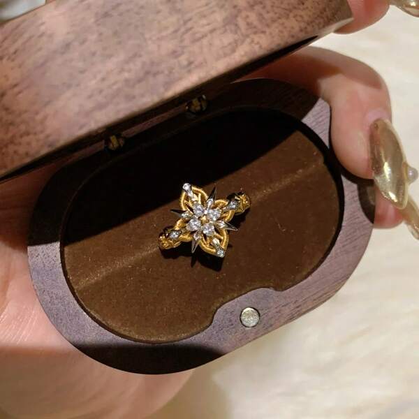 18K Gold Plated Retro Four-Leaf Clover Zirconia Adjustable French Style Ring