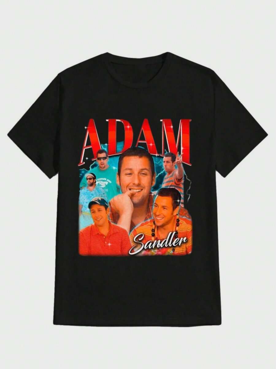 Adam Musics Sandler Men's Cotton Short Sleeve Crewneck T-Shirts Fashion Casual Breathable Black Vintage Adam Sandler Casual Digital Print  Pure Heavy Cotton T Shirt - 黑色 - 查看 1