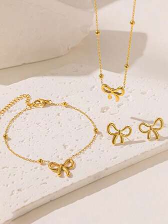 3pcs/Set Elegant Stainless Steel Bow Decor Jewelry Set, Simple & Fashionable For Daily/Gift
