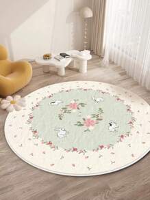 1pc Tapete de área redondo de lã sintética macia, tapete decorativo com design de coelho e flor, resistente a manchas e fácil de cuidar, quarto, decoração de casa, decoração de festival