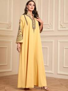 Women's Long Yellow Kaftan Robe, Notched Neck, Wrist Length Sleeves, Embroidered, Elegant Woven Fabric Jalabiya - Yellow - View 3