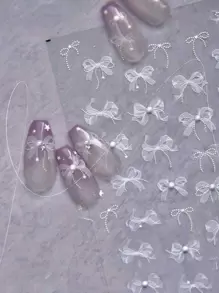 1片白色蕾丝蝴蝶结美甲贴纸，高品质5D仿珍珠水钻设计，自粘式美甲装饰贴纸，美甲用品，美甲贴纸 - 白色 - 查看 2