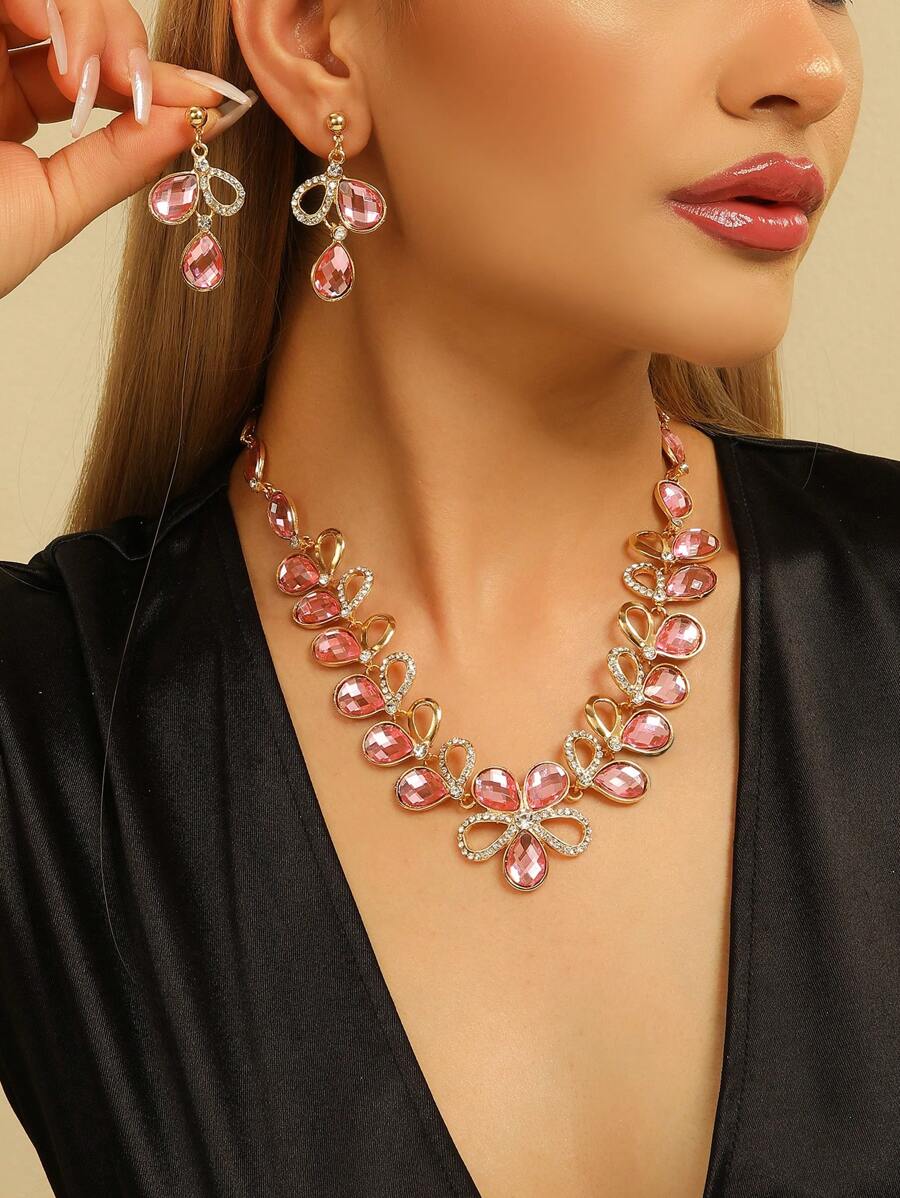 3 件套粉色水滴形耳环和项链首饰套装，派对礼物
