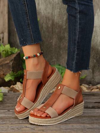 Sandalias de soga de lino para mujer, sandalias con cuña y tira de punta abierta, diseño bohemio, con banda elástica para evitar la fricción en los pies