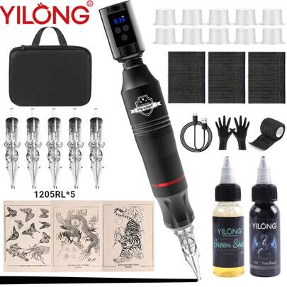  YILONG Wireless Tattoo Machine Kit, Tattoo Pen Kit med digital LED-skärm, Lämplig för nybörjare och veteraner Tatueringsnålpatron Tattoo Ink Professional Tattoo Kit