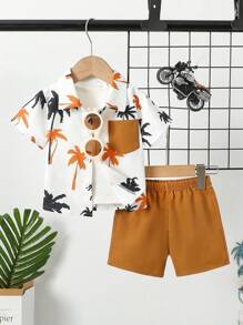 Baby Boys' Cute Collar Shirt With Pocket, Coconut Tree Print Button-Up Shirt Top Paired With Solid Color Shorts, 2pcs Casual Beach Style Outfit For Toddler Boys, Suitable For Spring/Summer Daily, Travel And Outdoor Play - Brown - View 1