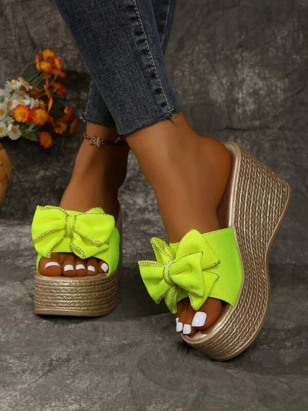 High Heels, Wedge Heel Sandals, New Summer 2025 Style, Sponge Cake Thick Sole, Beach, Waterproof Platform, Bow Decoration, Fluorescent Yellow Sandals