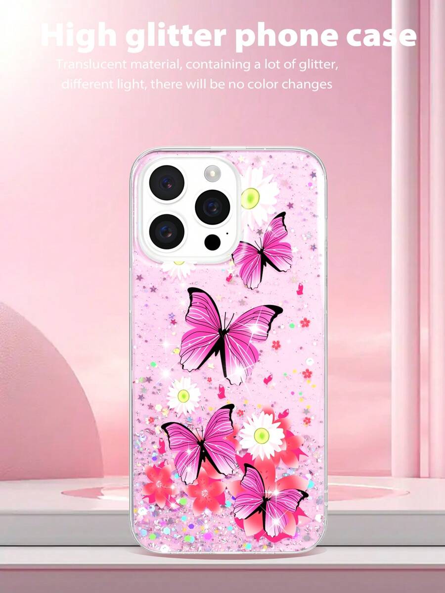 Glitter Epoxy Painted Phone Case With Butterfly & Flower Design, TPU Material Soft Phone Back Cover Compatible With Galaxy S25/S24U/S24+/A54 A53 A52 A34 A21S A14 A13 A12 S22 S22Ultra S23 S23Ultra, 15/14/13/12/11 ProMax, 11T/13T/Redmi Note 11/2/13Pro, HONOR 70/90/X7/X8/X9/X6AB, OPPO/VIVO C55/V29 And More