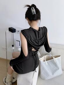 Vestido De Mujer Con Cuello en V Y Manga Larga,Vestido corto camiseta unicolor con espalda descubierta de sexy con cordones y capucha para mujer,ropa de vacaciones - Negro - Ver 7