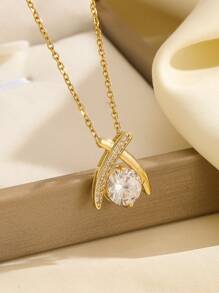 1 套不锈钢项链和耳环，奢华水钻闪亮个性化宴会珠宝套装，不含礼品盒 - 金色 - 查看 3