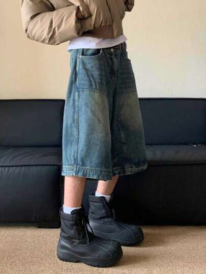 男士休闲宽松百慕大复古牛仔短裤，带口袋，日常穿着