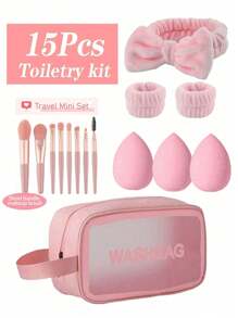 1 pièce set de 15 pièces : 1 pièce trousse de maquillage transparente incluant : 1 pièce sac de maquillage, 8 mini pinceaux de maquillage de voyage, 1 pièce bandeau, 3 éponges de maquillage, un kit de maquillage de voyage portable comprenant : palette d'ombres à paupières, pinceaux de maquillage, ombre à paupières liquide, poudre, eyeliner, rouge à lèvres, brillant à lèvres, pinceau à lèvres, pinceau à ombre à paupières, pinceau à poudre, pinceau de fond de teint, gel capillaire, faux cils, colle pour cils et plus