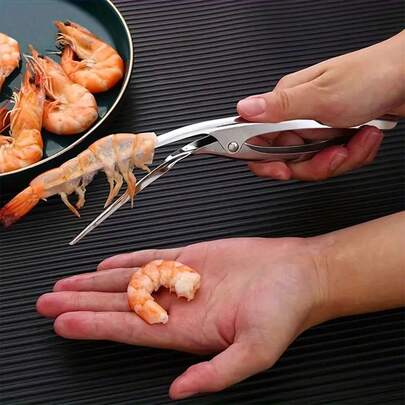 1 pieza Herramienta desdevelinadora de camarones de acero inoxidable - Mango ergonómico, preparación eficiente de mariscos, fácil de pelar y limpiar, accesorio de cocina