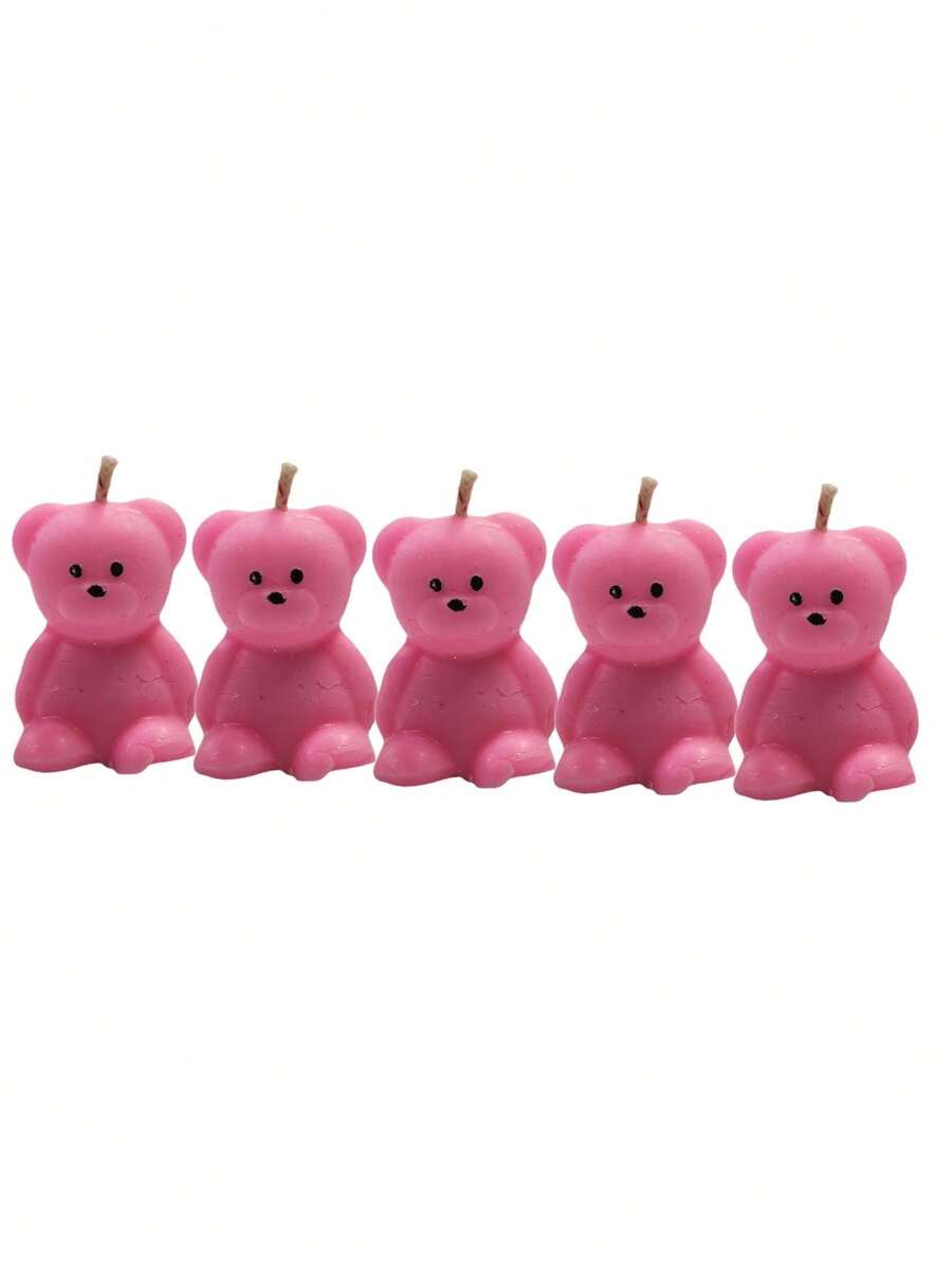 5 Teddy Bear Candles For Baby Shower Decoration Ornament 4cm Bear Candles For Baby Shower Colorful Teddy Bear - 粉色 - 查看 1