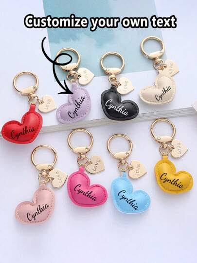 سلسلة مفاتيح قلب من الجلد المطبوع عليه نص شخصي، اكسسوار قلب معدني ملون جميل، تميمة حقيبة بسيطة، سلسلة مفاتيح قلب من جلد PU أحادي اللون، مناسبة لجميع المواسم