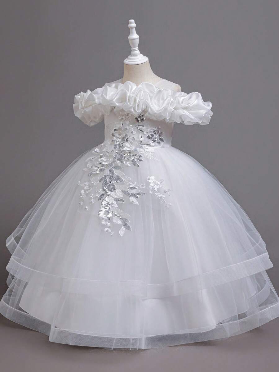 Young Girl 3D Floral Cold Shoulder Mesh Splice Party Dress, Flower Girl Birthday Party Wedding Formal Gown, Elegant Piano Performance Princess Dress