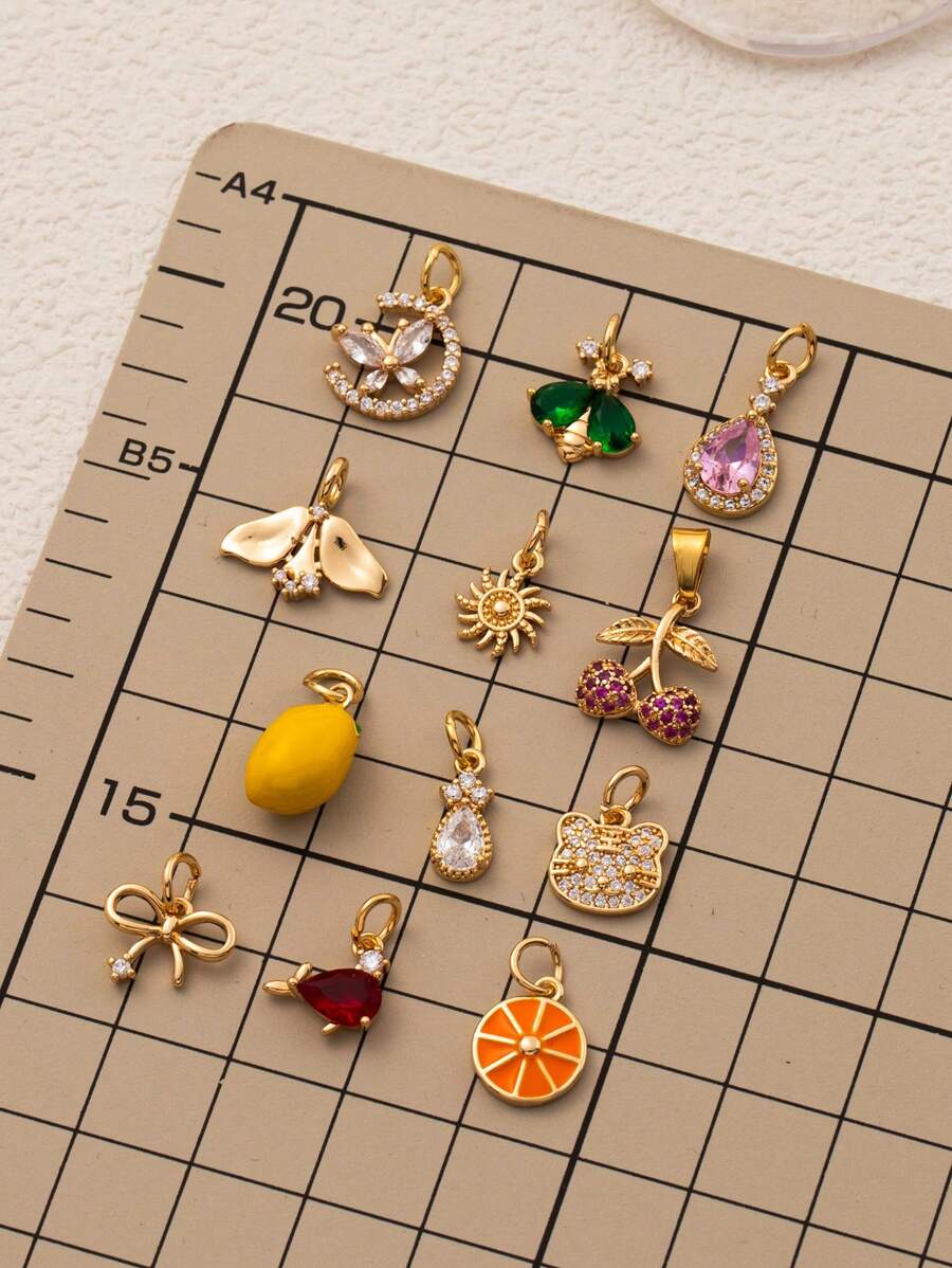 1Pc 18K Gold Plated Cute Charm Pendants For DIY Jewelry, Cherry, Lemon, Moon, Sun, Bow, Zirconia Crystal, Y2K Aesthetic Necklace Accessories