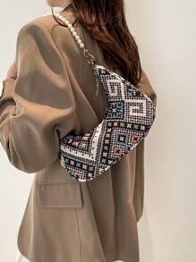 Fashion Pearl Chain Crescent Shoulder Bag, Geometric Color Block Design, Fashionable Shoulder Baguette Bag, Small Cloth Tote, Casual Outdoor Bag, Versatile Daily Use Handbag - Multicolor - View 5