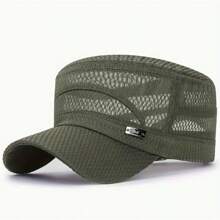 1 pieza Gorra plana con etiqueta de hierro, unisex, casual, transpirable, protección solar para exteriores. Gorra plana con malla transpirable, ajustable, apta para hombres y mujeres, casual para exteriores, sombrero protector solar con orificios de ventilación, hecho de poliéster. Opciones de color: negro/gris/verde oliva/beige/azul marino. Nuevo lanzamiento. Gorra plana de malla completa con etiqueta de hierro, protección solar transpirable casual para hombres y mujeres para el verano al aire libre.