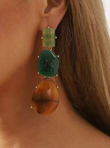 1 Pair Retro Geometric Multilayer Resin Drop Earrings, Vintage Chic Oversized Earrings, Fashionable & Versatile