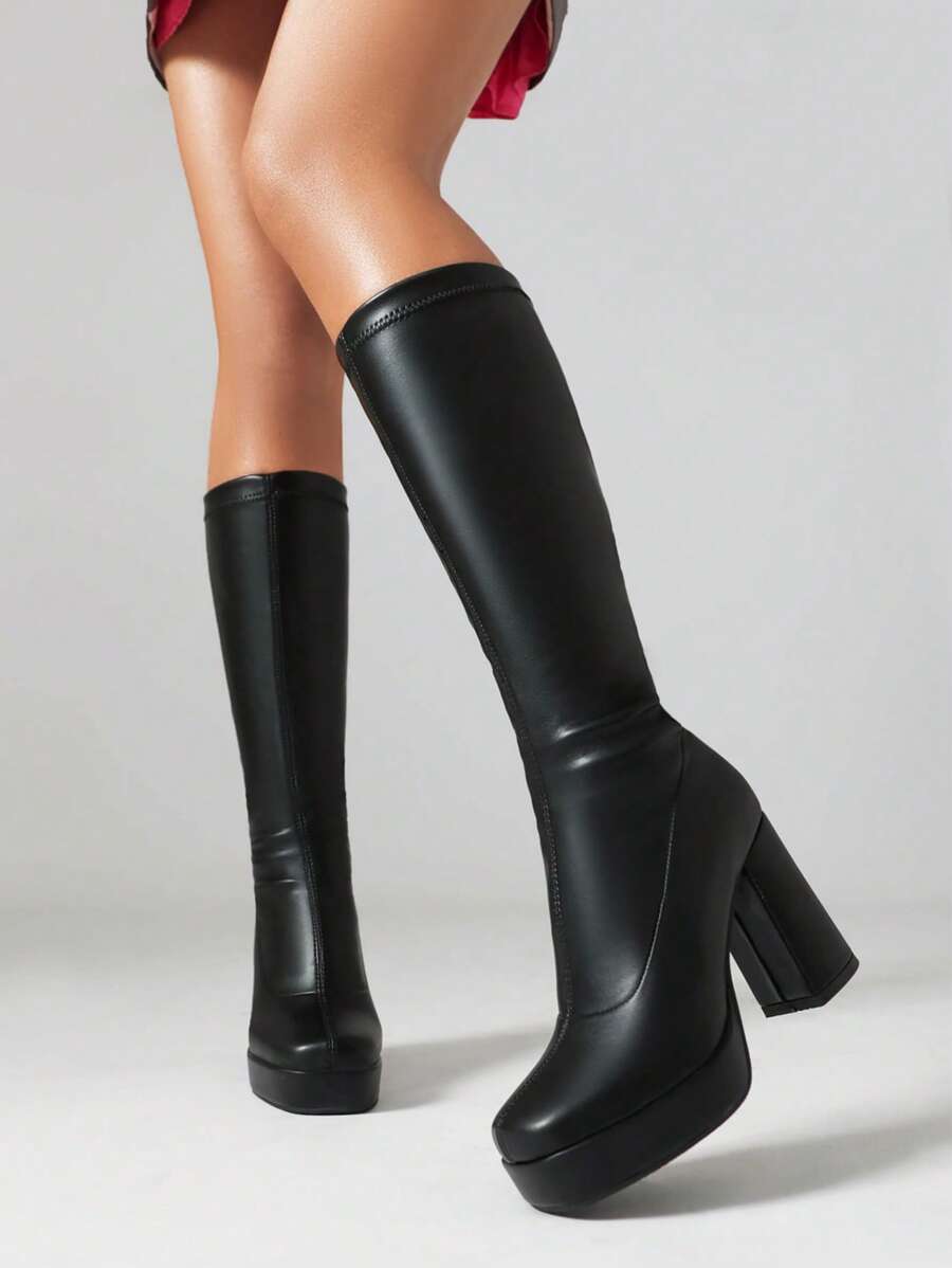 Women's Thick Heel Knee-High Boots, Versatile Square Toe High Heel Fashion Boots For Autumn/Winter - Black - View 1