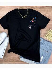 T-Shirt Women's Blouse With Astronaut Print 100% Cotton - 黑色 - 查看 1