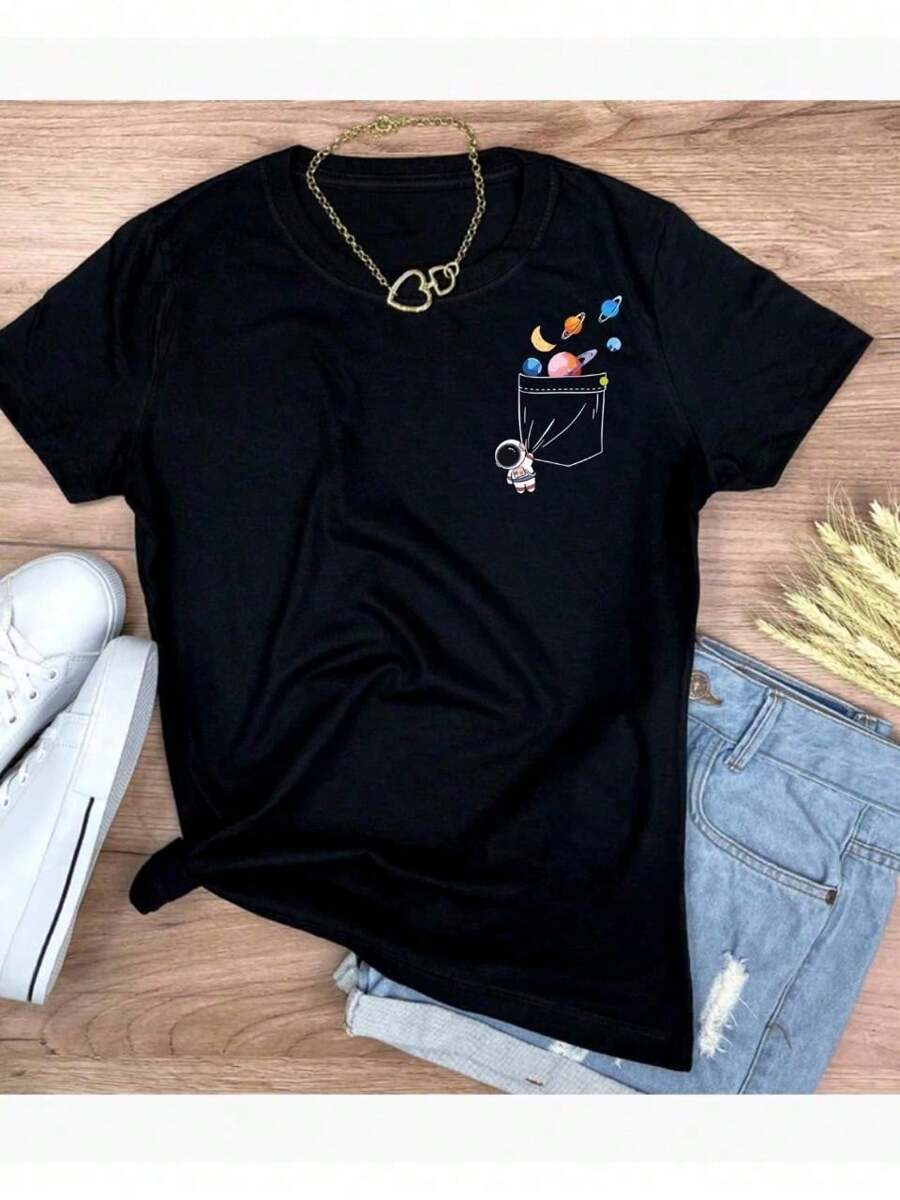 T-Shirt Women's Blouse With Astronaut Print 100% Cotton - 黑色 - 查看 1