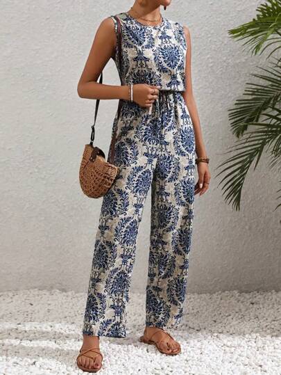 Women's All-Over Paisley Retro Print Round Neck Fashionable Elegant Vintage Sleeveless Top With Waist Tie And Straight Leg Jumpsuit