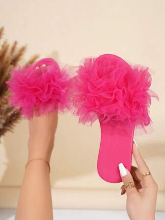 Dam Rose Red Plisserad Mesh Öppen tå Bekväma platta sandaler, fashionabla för utomhus vår/sommar