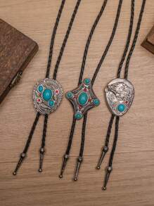 3pcs Western Style Fashionable Bolo Tie String Turquoise Long Pendant Necklace, Suitable For Daily Wear, Gifts, And Vacations