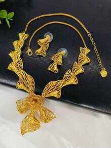 1 Set de joyas mujer con collar y pendientes, diseño de flor plateado en oro, 2 piezas, elegante para bodas en Dubái, Europa, África, Arabia Saudita, galas, Día de la Madre, San Valentín, regalos festivos, joyas de cobre