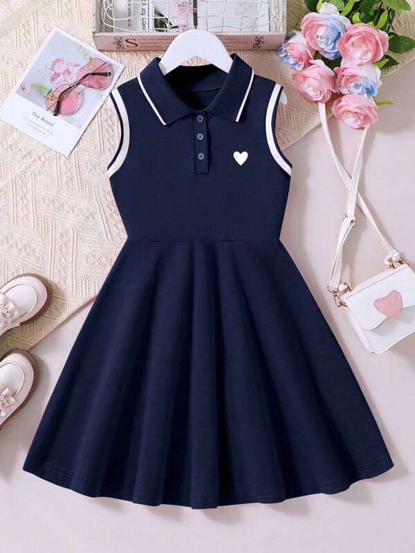 Robe décontractée sans manches à col polo de couleur unie pour tout-petites filles